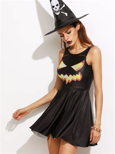 Black Pumpkin Print Sleeveless Halloween Dress Shein Sheinside