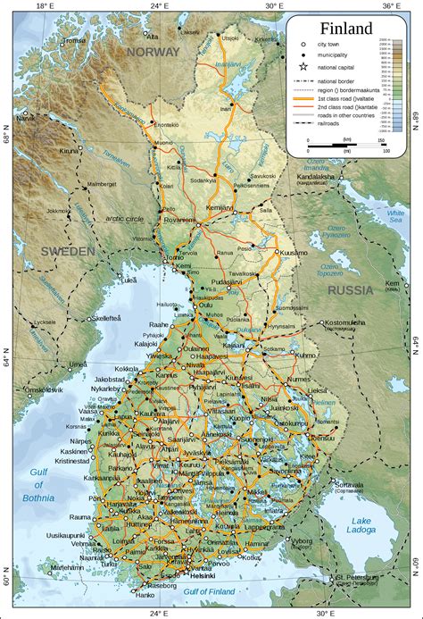 large detailed physical map  finland   cities roads railways  airports vidiani