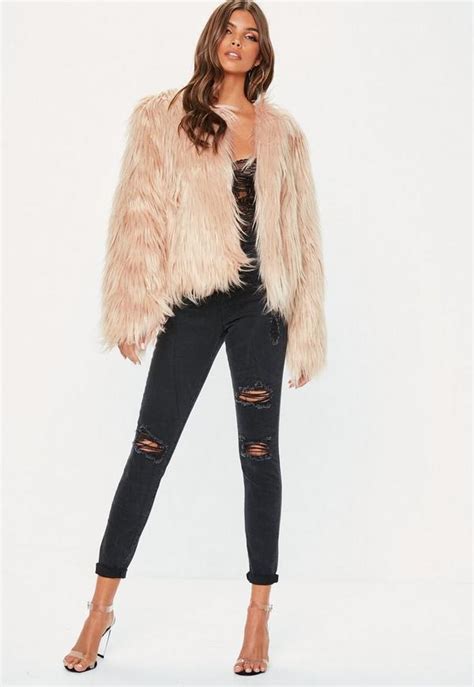 Nude Shaggy Faux Fur Coat Missguided