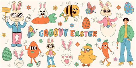 Groovy Hippie Happy Easter Set Easter Bunny Eggs Butterflies