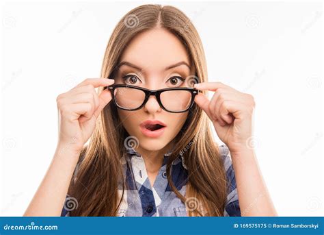 Surprised Pretty Girl Taking Off Her Glasses Close Up Photo Stock