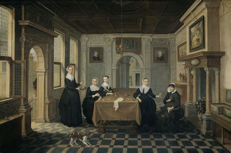 dirck van delen interieur met vijf vrouwen zittend en staand rond een tafel aan de muren