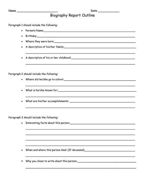 biography report outline worksheet biography book report template