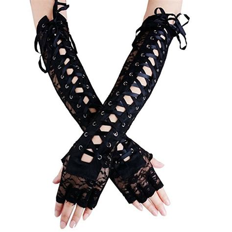 women s sexy elbow length fingerless lace up arm warmer black long lace