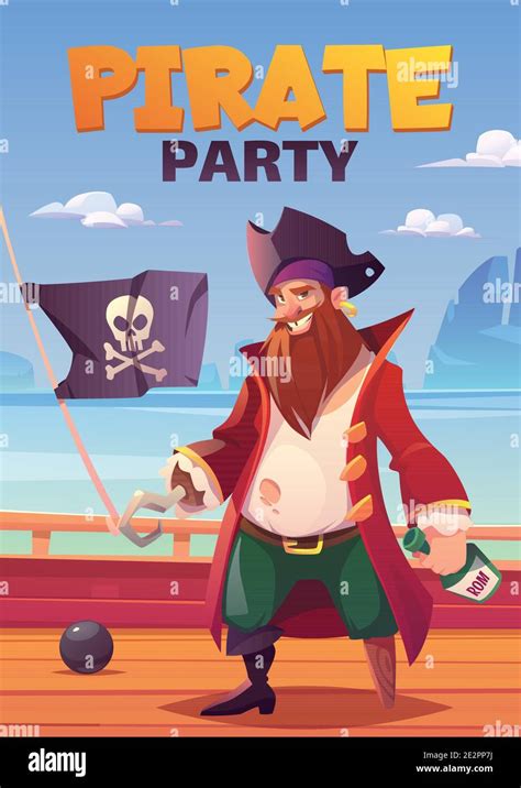 pirate party cartoon poster mit baertig laechelnden filibuster kapitaen