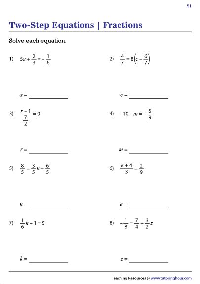 solving linear equations  fractions worksheet  universal worksheet