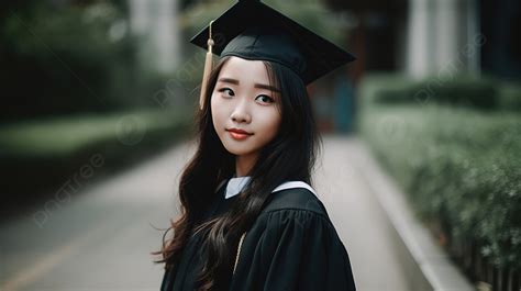 fondo una chica asiática con ropa de graduación posando en una calle