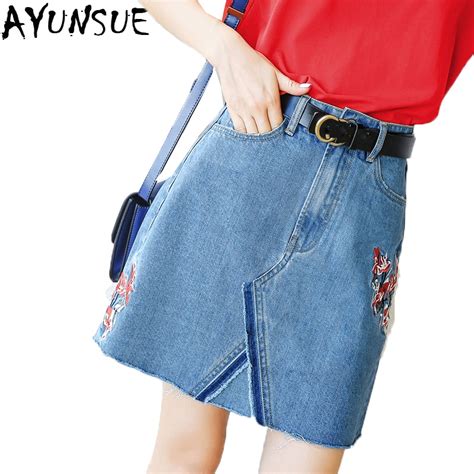 2019 Summer Jeans Skirt Women High Waist Embroidery Irregular Denim