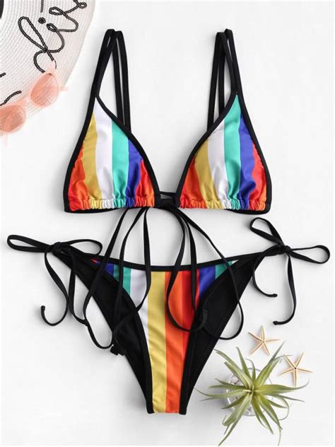 [29 Off] 2021 Zaful Rainbow Striped Tie String Bikini Swimsuit In
