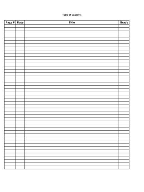 table  contents template fillable printable  forms