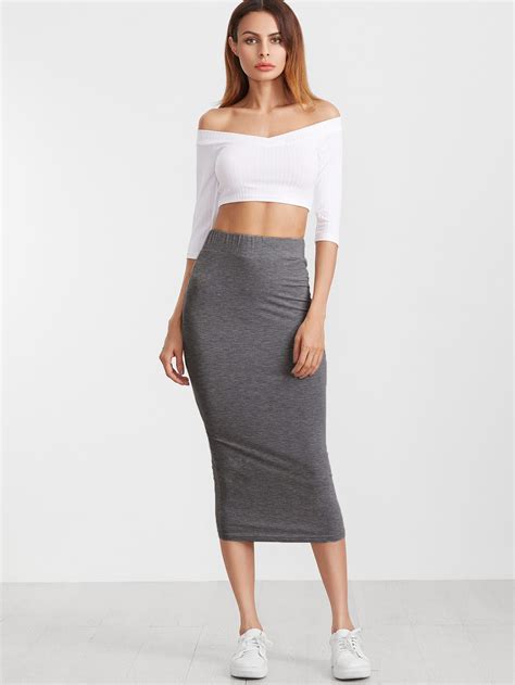 heather grey elastic waist jersey pencil skirt shein sheinside