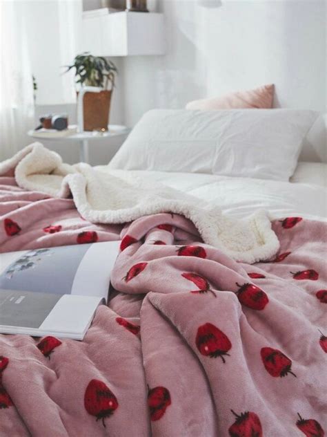 strawberry print blanket pc shein usa aesthetic bedroom bedroom