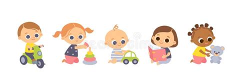 set  baby characters babies playing  toys stock vector