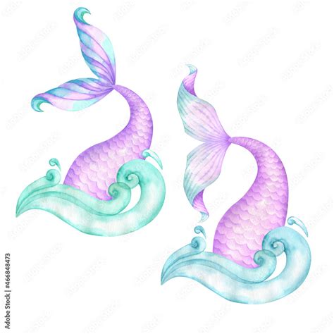 Watercolor Mermaid Tail In Waves Stock Illustration Adobe Stock