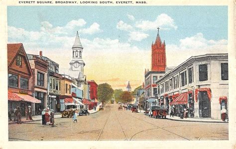 everett massachusetts square broadway street scene antique postcard