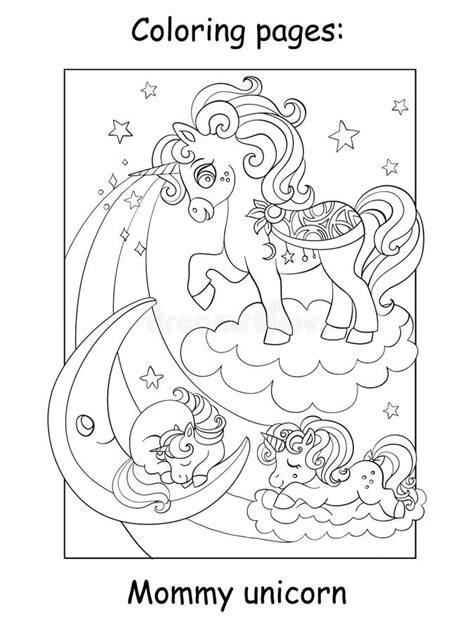 coloring book page mommy unicorn  babies stock vector