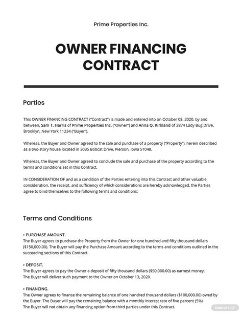 owner financing contract template google docs word templatenet