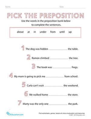 printable worksheets  prepositions  grade  learning