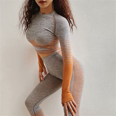 2 pcs seamless yoga set workout clothes for women long sleeve crop top
