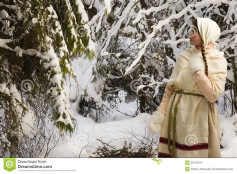 russian girl with a sled in the winter woods stock image image of