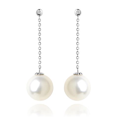 18ct White Gold Pearl And Diamond Chain Drop Earrings Pravins Jewellers
