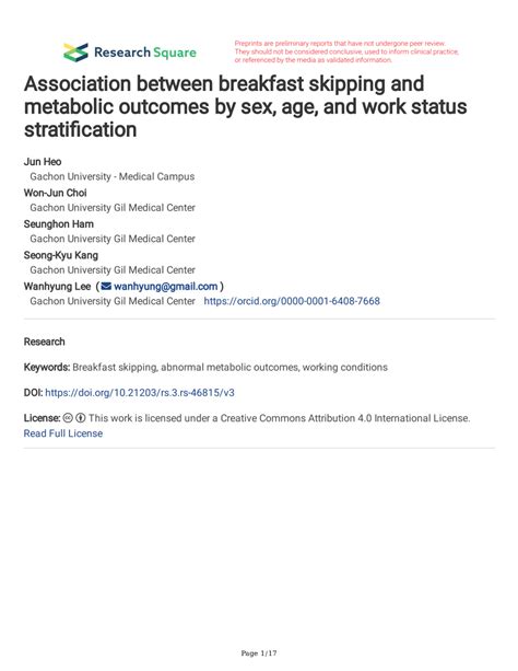 Pdf Association Between Breakfast Skipping And Metabolic Outcomes By