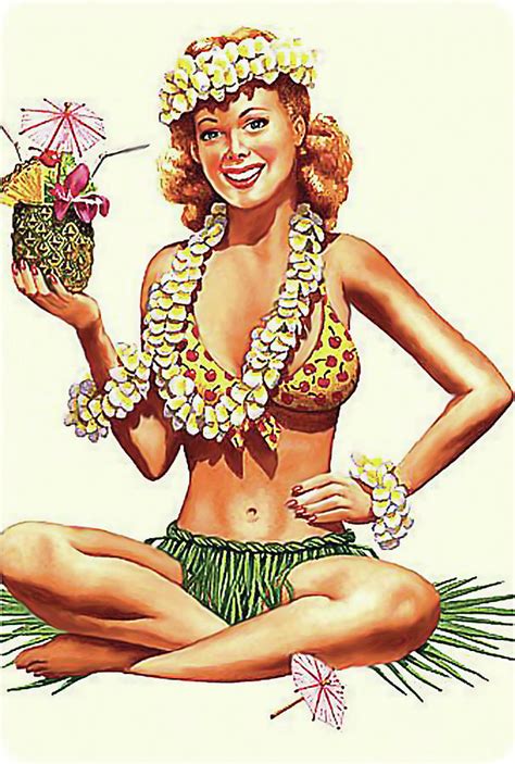 Pin Up Hula Girl With Pineapple Cocktail Painting By Long Shot