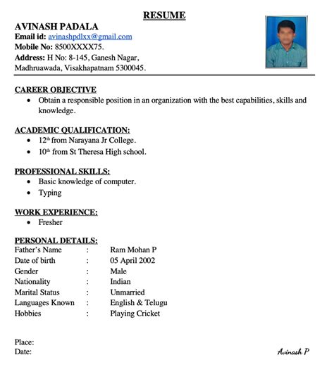 simple resume formats  freshers  word