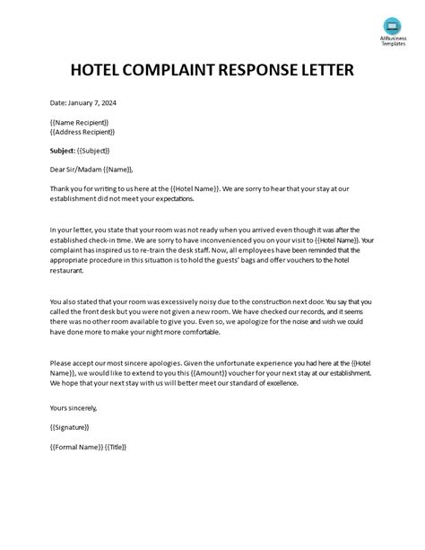 hotel complaint response letter templates  allbusinesstemplatescom