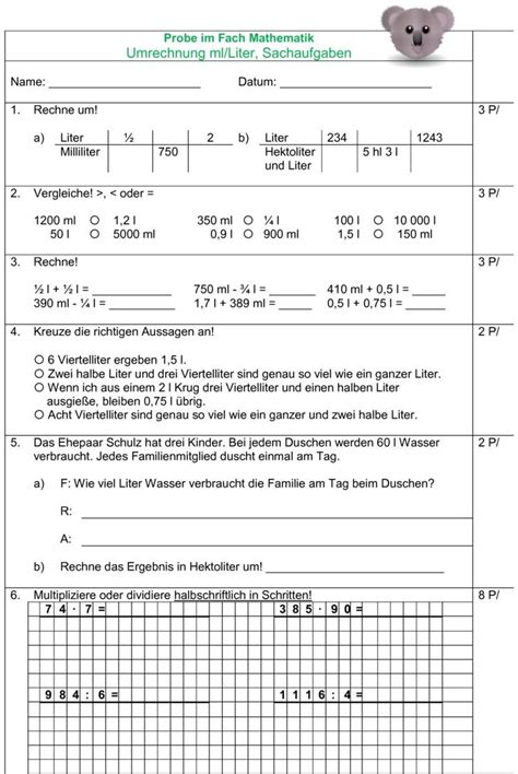 klassenarbeit zu groessen und masseinheiten nachhilfe mathe