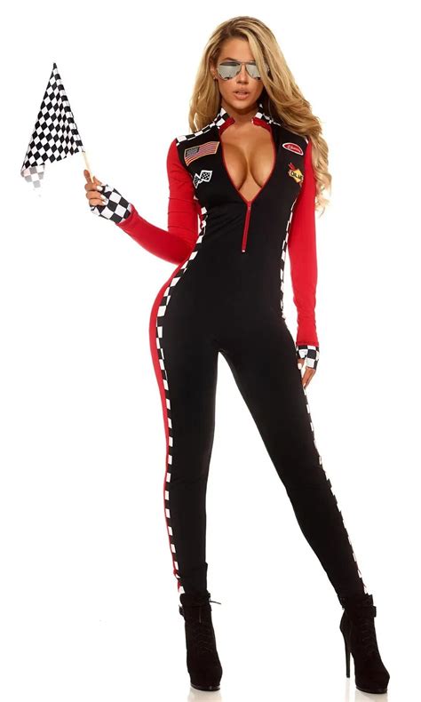 Sexy Race Girl Costume Race Car Driver Jumpsuit Plaid Long Sleeves