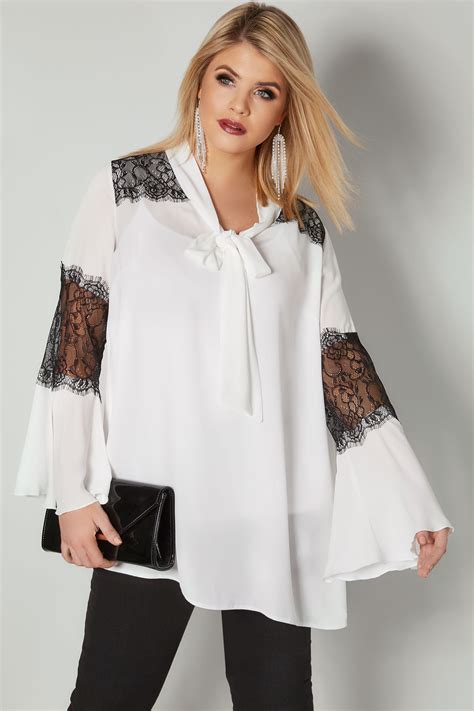 Yours London White And Black Pussy Bow Chiffon Blouse With Lace Inserts