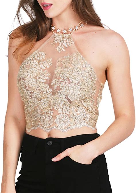Berrygo Women S Sexy Backless Floral Lace Halter Crop Top Gold L At
