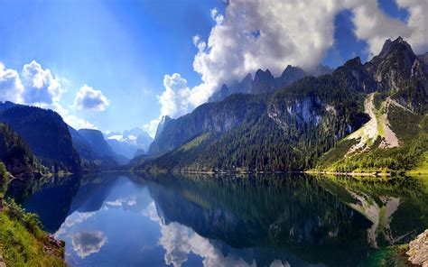 austrian mountain lake scenery wallpaper