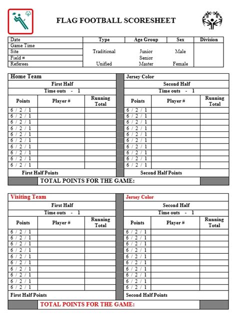 sample football score sheet templates printable samples