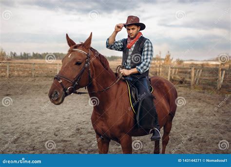 cowboy riding  horse   ranch western stock image image  riding landscape