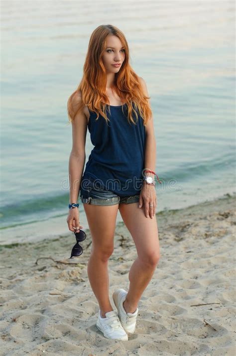Slim Redhead Woman In Jeans Shorts Stock Image Image Of