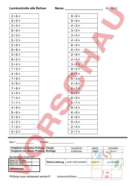 arbeitsblatt malreihen lernkontrolle mathematik