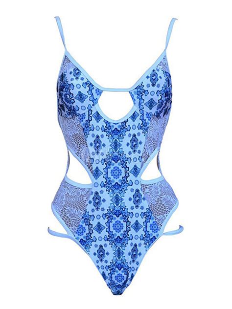 one piece swimsuits for women blue printed cut out straps neck sheer