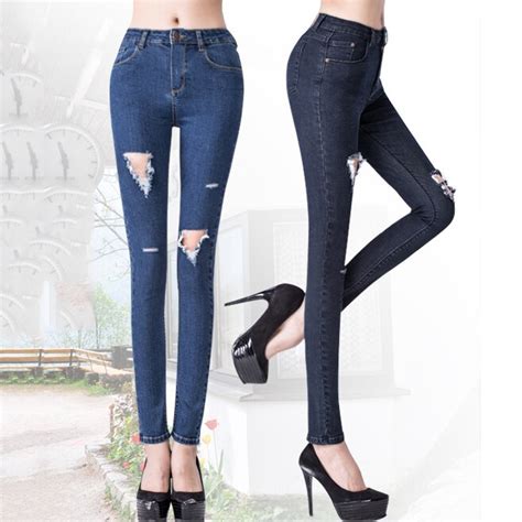 high waist was thin ankles women jeans blue two irregular feel torn