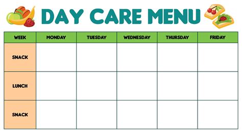 printable weekly menu template  daycare