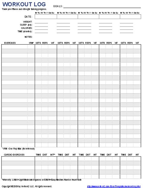printable workout log  blank workout log template