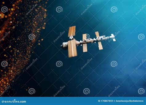 space satellite orbiting  blue planet stock image image