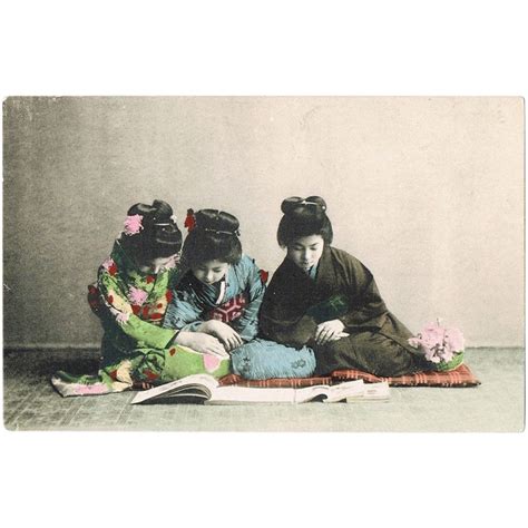3 Japanese Ladies Reading A Book Tinted Vintage Postcard From