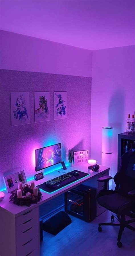 purple gamer vsco  vibey neon room inspos gaming room setup bedroom setup video game