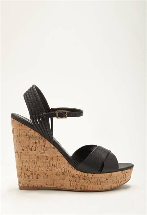 Forever 21 Strappy Cork Wedge Sandals In Black Lyst