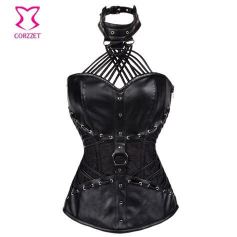 black leather strappy halter neck steel boned overbust gothic corset