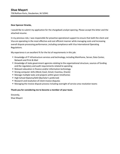 chargeback analyst cover letter velvet jobs