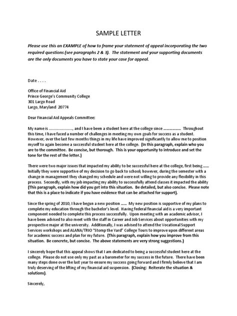 sap appeal sample letter student financial aid   united states