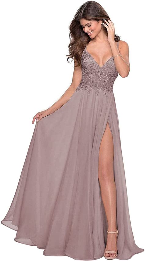 v neck lace prom dresses long sleeves slit chiffon evening formal gowns